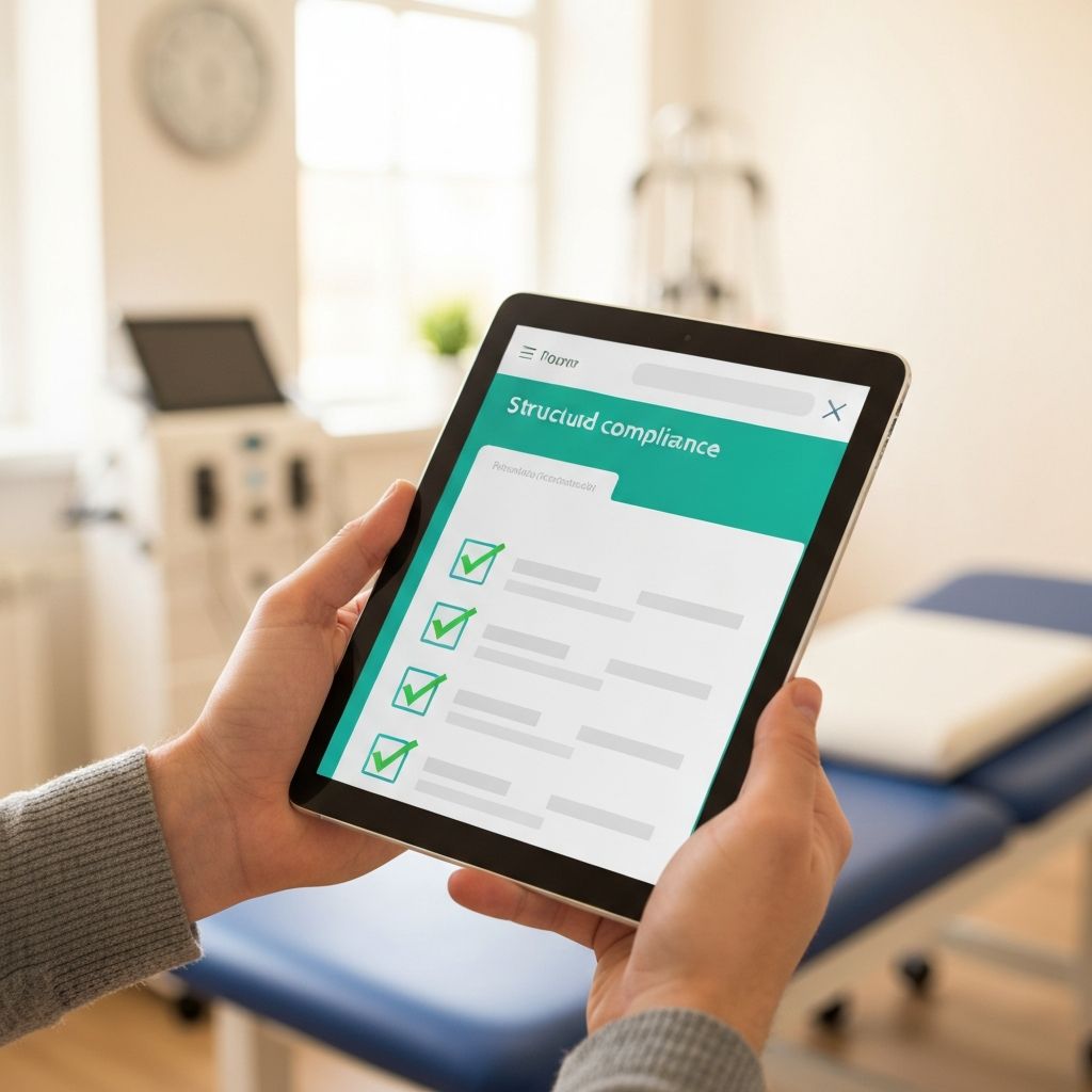 Hands holding a tablet displaying a structured AHPRA compliance checklist in a bright allied health clinic