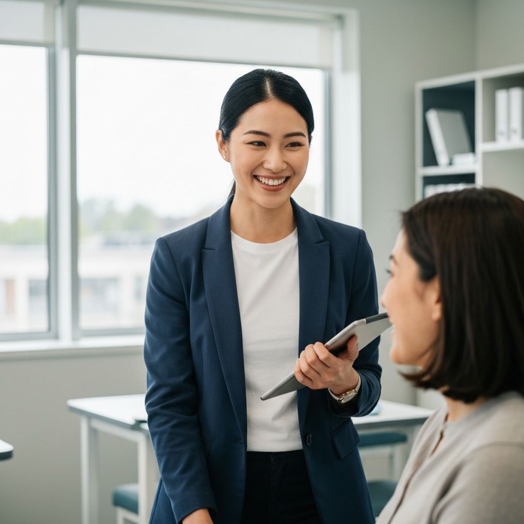 Allied health clinician interacting with a patient in a modern clinical setting