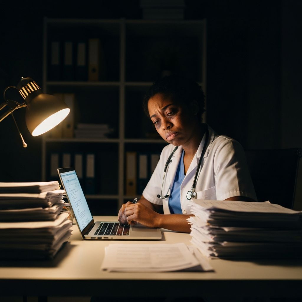 Exhausted clinician surrounded by paperwork late at night