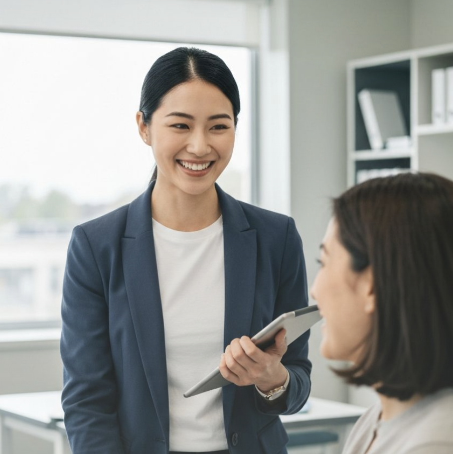 Allied health professional using RecovrFlow on laptop, smiling in a bright modern clinic
