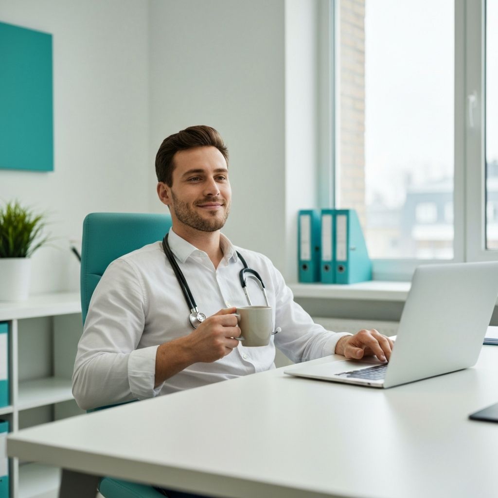 A relaxed male doctor drinking coffee while watching his laptop generate reports automatically