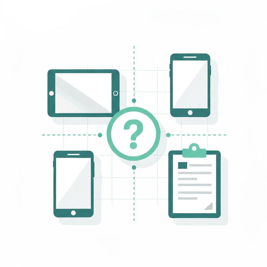 Multi-device data collection illustration showing tablet, phone, and clipboard connected to central hub