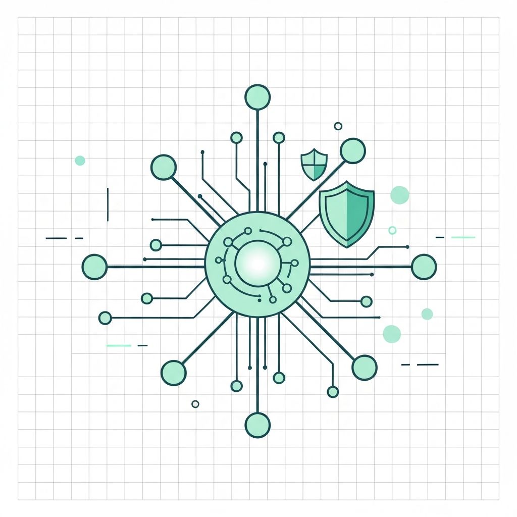 Network diagram illustration showing data points connected to central hub with security shields